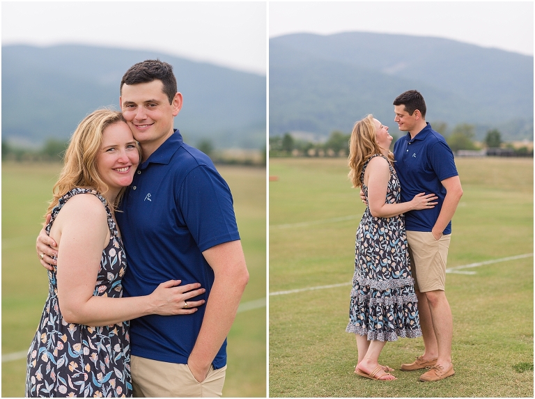 Couples portraits at King Family Vineyards near the polo fields with a mountain backdrop in Crozet Virginia near Charlottesville