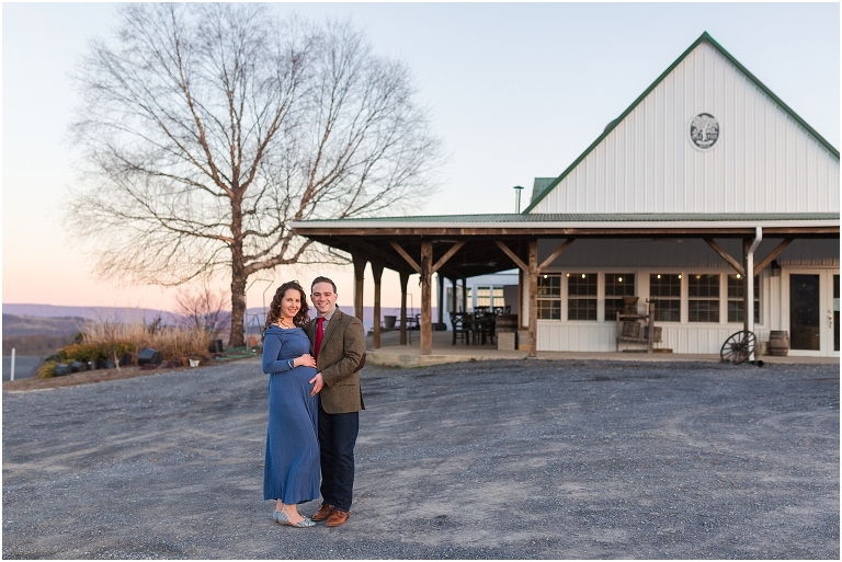 Maternity portraits at Showalter's Orchard in the Shenandoah Valley Virginia with a golden hour sunset mountain view