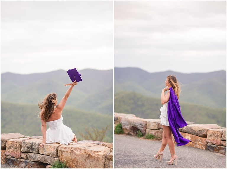 Abigail’s James Madison University Quad and Skyline Drive sunset mountain view overlook senior graduation portraits were some of my FAVORITE from the class of 2021, from her graduation outfit to popping champagne on top of the mountain in her cap and gown!