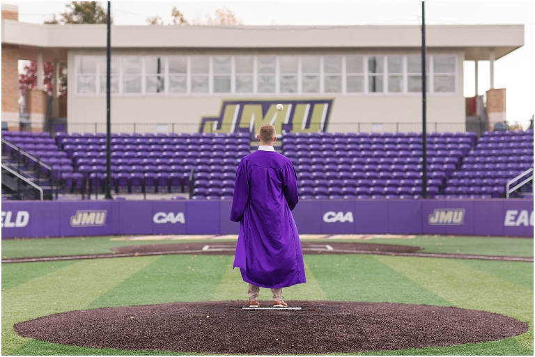 James Madison University senior graduation photos. Harrisonburg Virginia senior portrait photographer. Senior baseball guy portraits