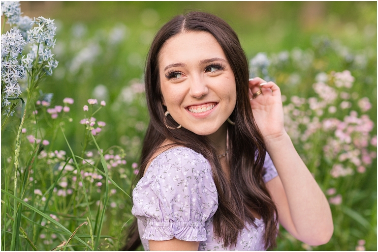 Destiny's Harrisonburg spring senior portraits were purple in every way, from her James Madison University future student shirt  on the JMU Quad to her purple dress to the purple flowers in the Edith J. Carrier Arboretum. Springtime mixed with Harrisonburg sunsets is a perfect mix for great photos!