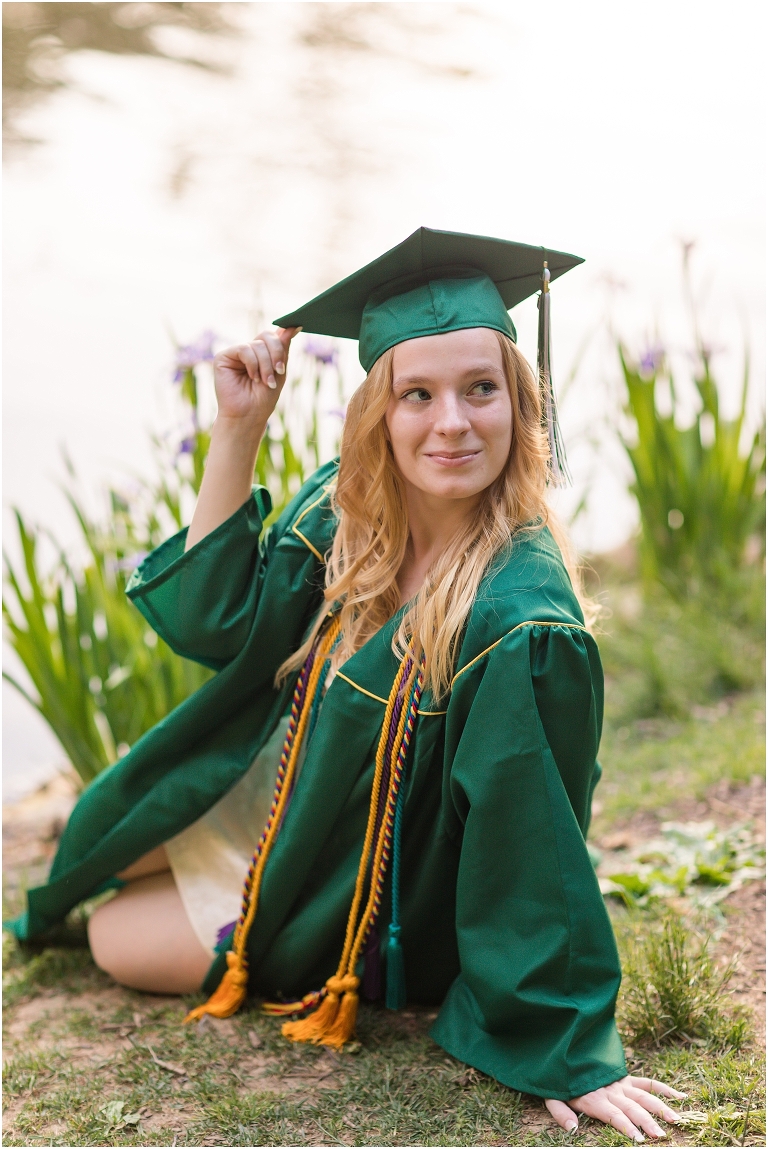 Spring arboretum senior portraits with a gold dress and purple flowers. Edith J Carrier Arboretum in Harrisonburg Virginia, senior graduation portrait photographer