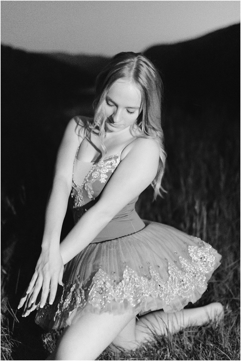 Black and white night time dance portraits with a blue tutu at Switzer Lake in Harrisonburg Virginia, senior graduation portrait photographer