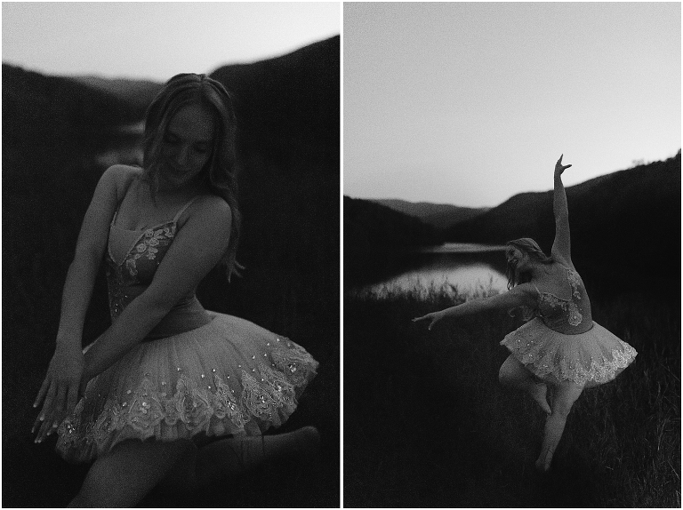 Black and white night time dance portraits with a blue tutu at Switzer Lake in Harrisonburg Virginia, senior graduation portrait photographer