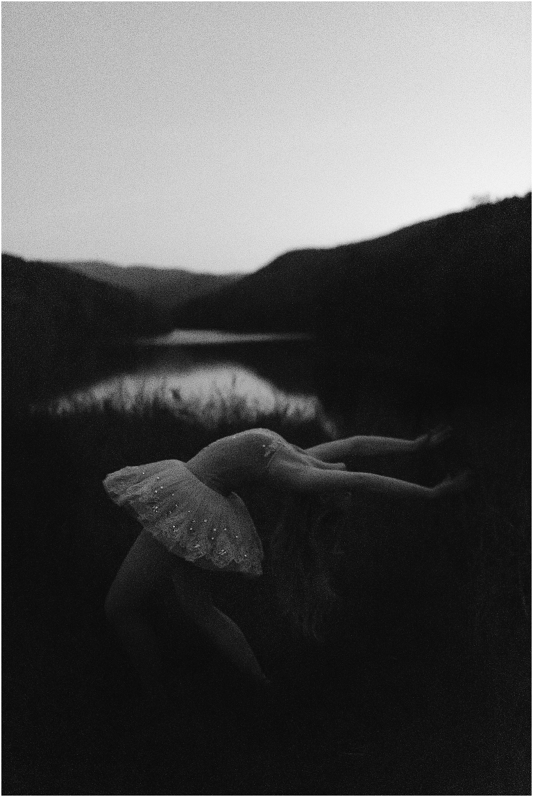 Black and white night time dance portraits with a blue tutu at Switzer Lake in Harrisonburg Virginia, senior graduation portrait photographer