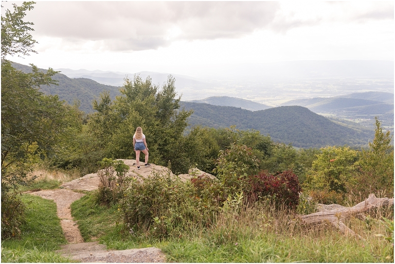 Skyline Drive Shenandoah National Park overlook summer senior portraits on top of the mountain at sunset, Virginia senior graduation portrait photographer