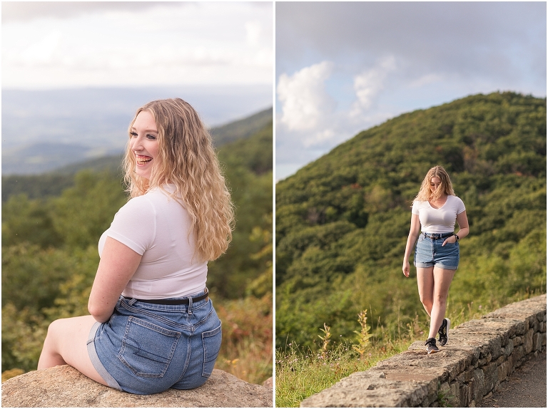 Skyline Drive Shenandoah National Park overlook summer senior portraits on top of the mountain at sunset, Virginia senior graduation portrait photographer