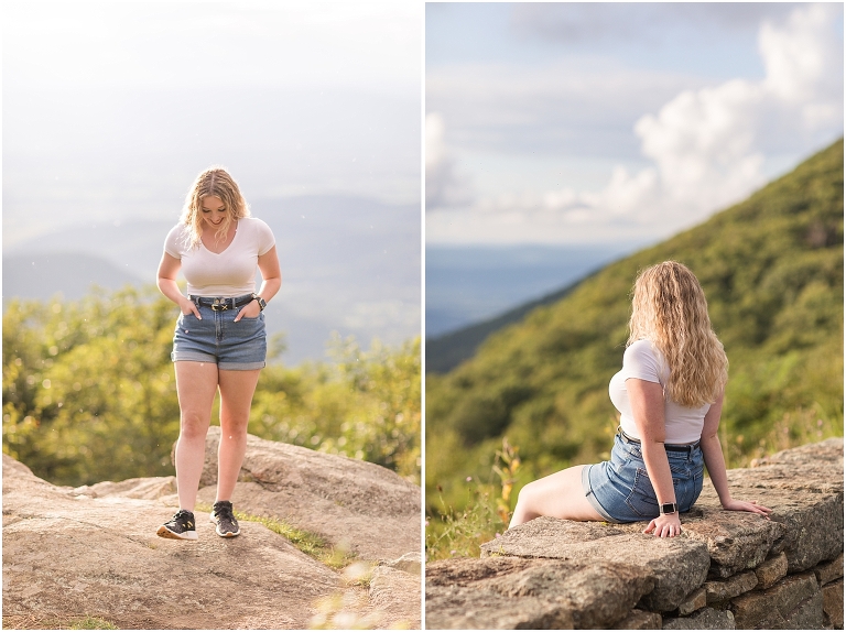 Skyline Drive Shenandoah National Park overlook summer senior portraits on top of the mountain at sunset, Virginia senior graduation portrait photographer
