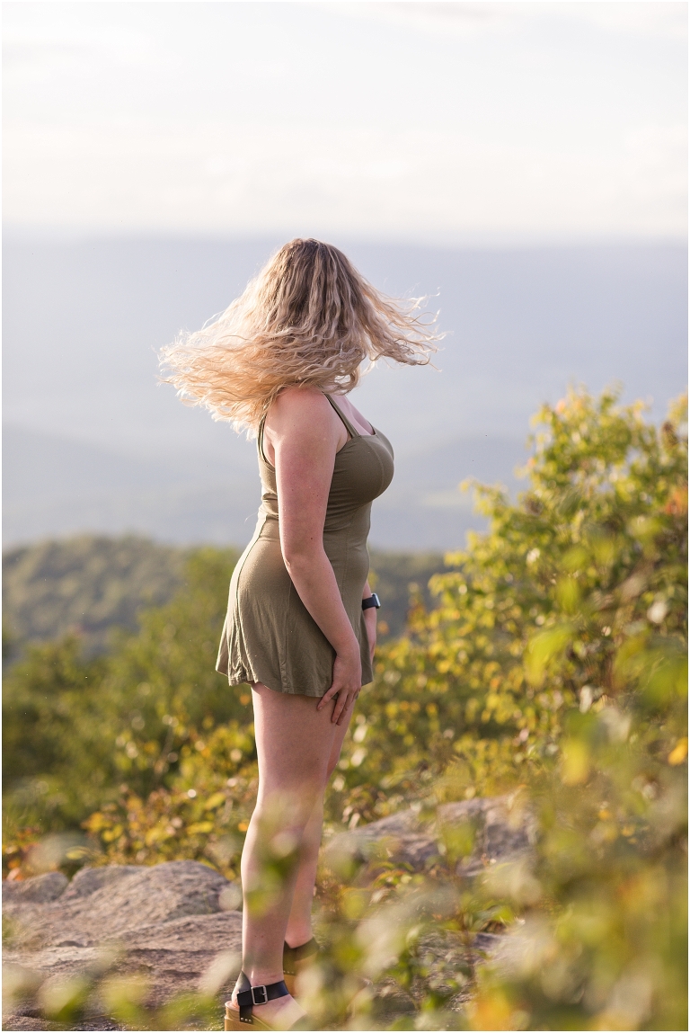 Skyline Drive Shenandoah National Park overlook summer senior portraits on top of the mountain at sunset, Virginia senior graduation portrait photographer