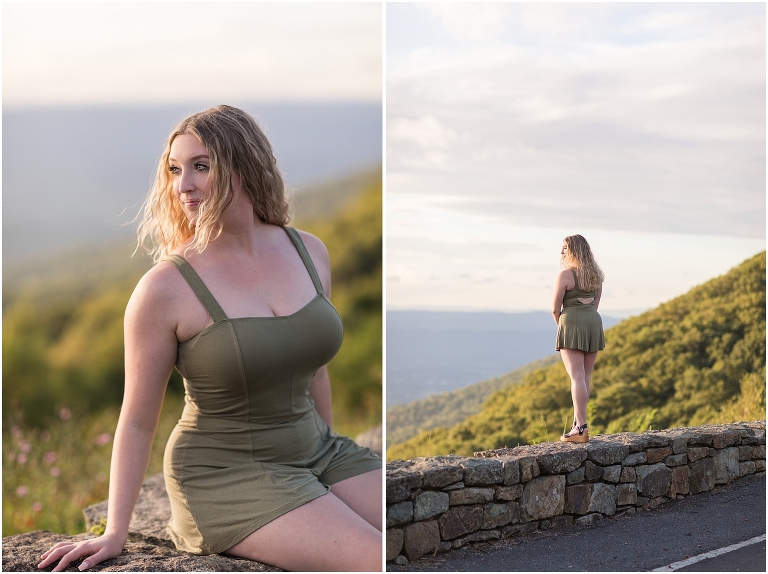 Skyline Drive Shenandoah National Park overlook summer senior portraits on top of the mountain at sunset, Virginia senior graduation portrait photographer