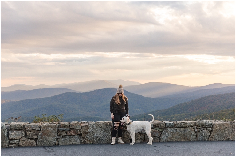 Skyline Drive Shenandoah National Park overlook autumn senior portraits on top of the mountain at sunset with Goldendoodle dog, Virginia senior graduation portrait photographer