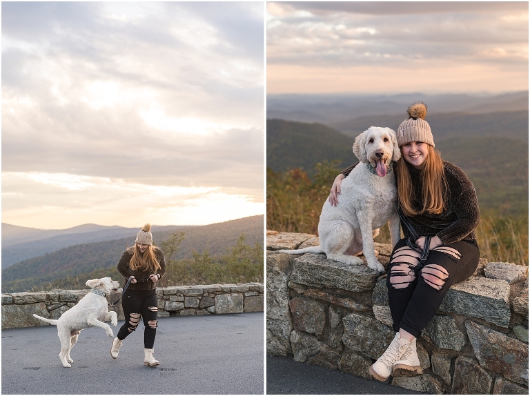 Skyline Drive Shenandoah National Park overlook autumn senior portraits on top of the mountain at sunset with Goldendoodle dog, Virginia senior graduation portrait photographer