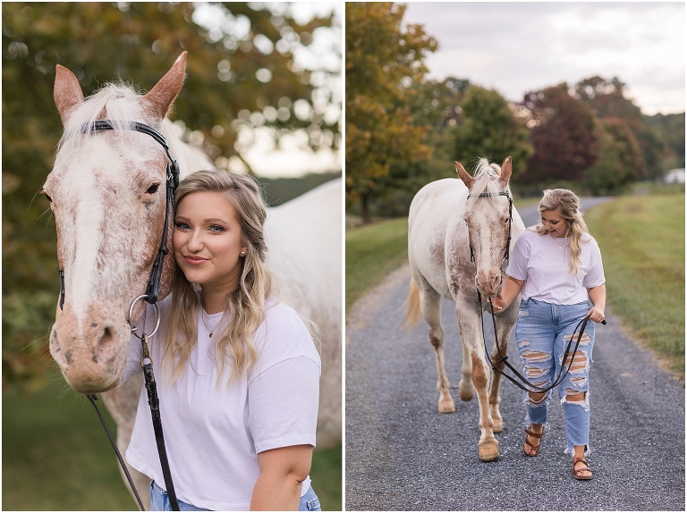 Senior horse portraits with a casual outfit white t-shirt blue jeans and a white and rust mare in an open field at a horse barn, Virginia senior graduation portrait photographer