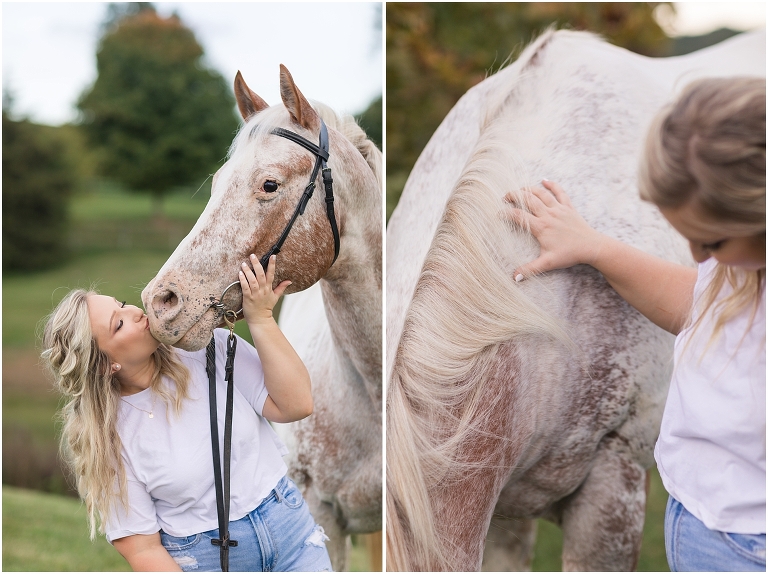 Senior horse portraits with a casual outfit white t-shirt blue jeans and a white and rust mare in an open field at a horse barn, Virginia senior graduation portrait photographer