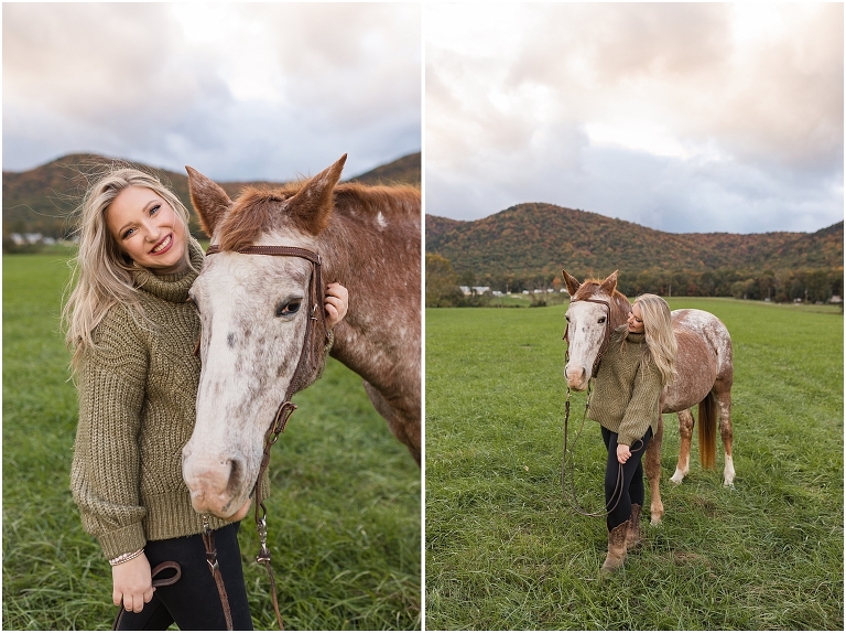 Autumn fall foliage senior horse portraits with a rust and white horse in an open field with a sunset mountain backdrop, Virginia senior graduation portrait photographer