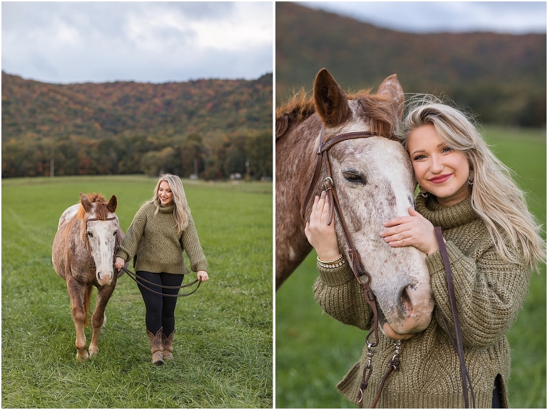 Autumn fall foliage senior horse portraits with a rust and white horse in an open field with a sunset mountain backdrop, Virginia senior graduation portrait photographer