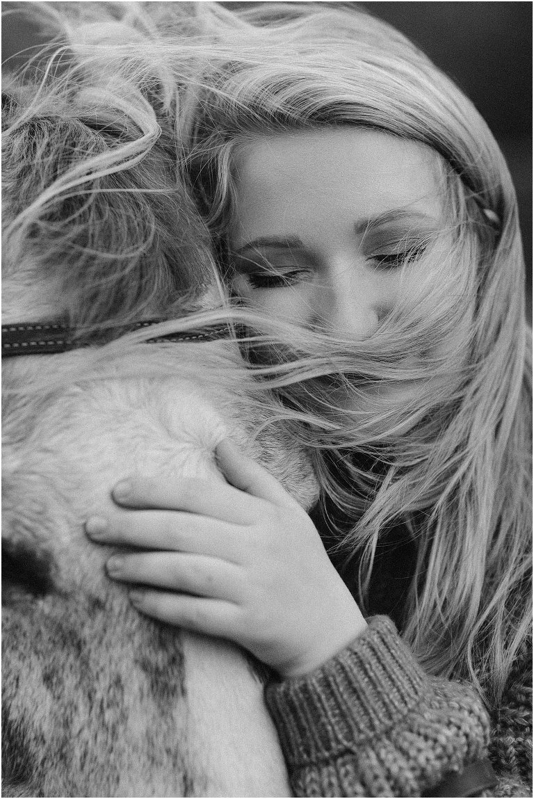 Black and white autumn fall foliage senior horse portraits with a rust and white horse in an open field with a sunset mountain backdrop, Virginia senior graduation portrait photographer