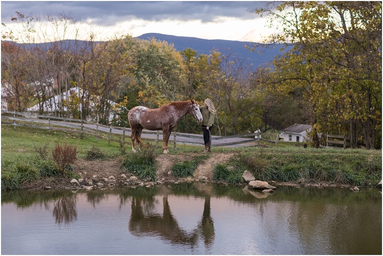 Autumn fall foliage senior horse portraits with a rust and white horse in an open field with a sunset mountain backdrop, Virginia senior graduation portrait photographer