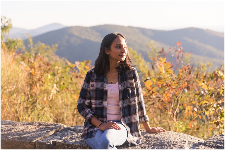 Autumn fall foliage flannel senior portraits at a sunrise mountain overlook on Skyline Drive in Shenandoah National Park, Virginia senior graduation portrait photographer