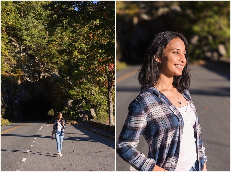 Autumn fall foliage flannel senior portraits at a sunrise mountain overlook on Skyline Drive in Shenandoah National Park, Virginia senior graduation portrait photographer