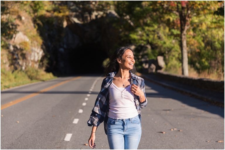 Autumn fall foliage flannel senior portraits at a sunrise mountain overlook on Skyline Drive in Shenandoah National Park, Virginia senior graduation portrait photographer
