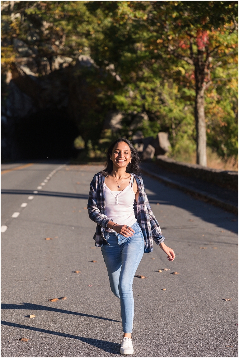 Autumn fall foliage flannel senior portraits at a sunrise mountain overlook on Skyline Drive in Shenandoah National Park, Virginia senior graduation portrait photographer