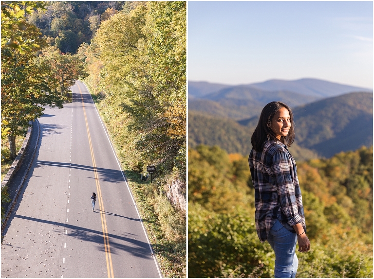 Autumn fall foliage flannel senior portraits at a sunrise mountain overlook on Skyline Drive in Shenandoah National Park, Virginia senior graduation portrait photographer