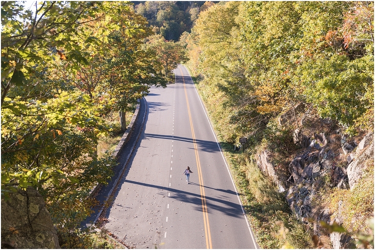 Autumn fall foliage flannel senior portraits at a sunrise mountain overlook on Skyline Drive in Shenandoah National Park, Virginia senior graduation portrait photographer