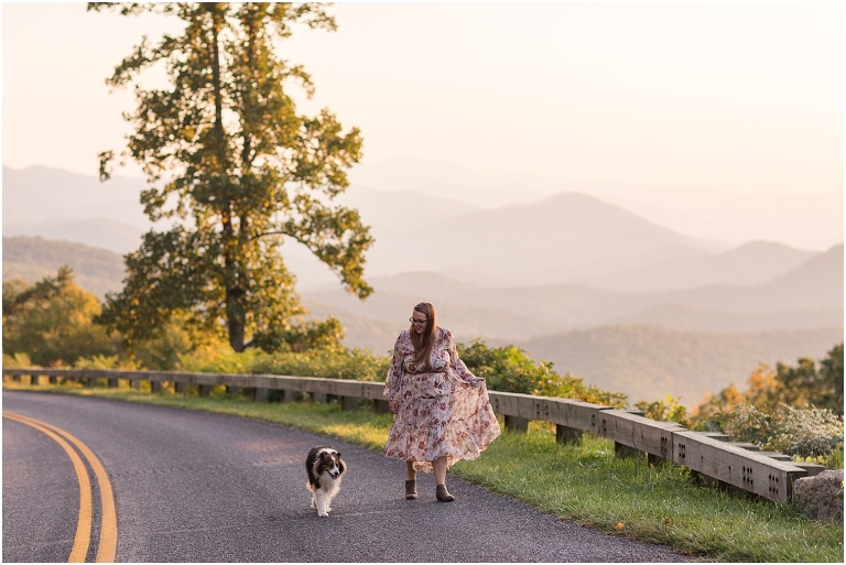 Autumn fall foliage senior portraits at a sunset mountain overlook on Blue Ridge Parkway with dog, Virginia senior graduation portrait photographer