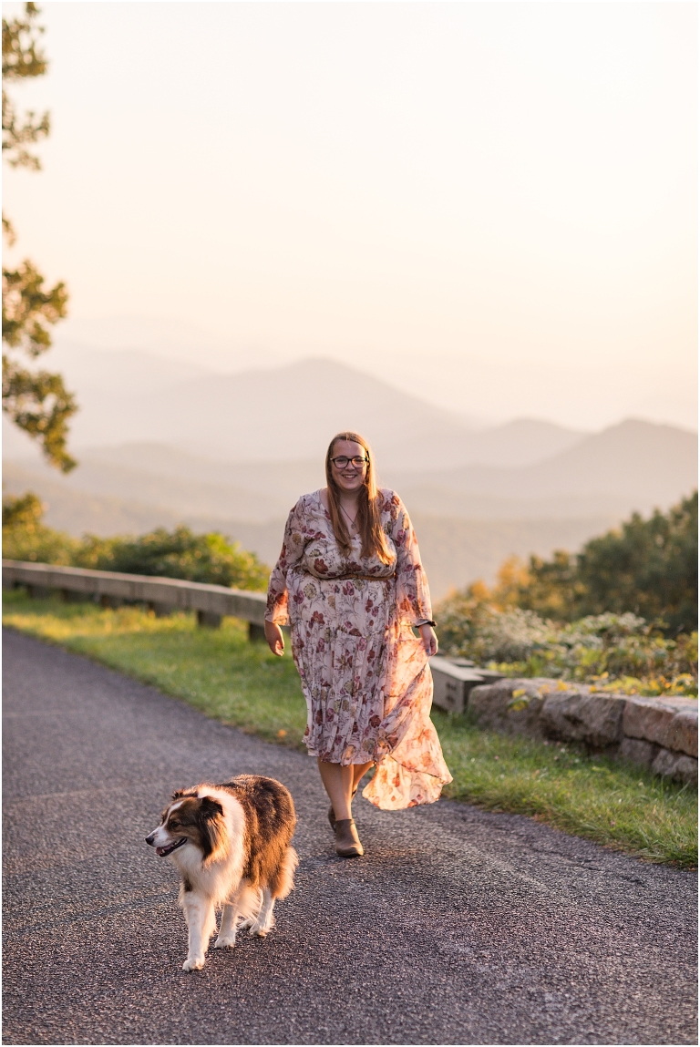 Autumn fall foliage senior portraits at a sunset mountain overlook on Blue Ridge Parkway with dog, Virginia senior graduation portrait photographer