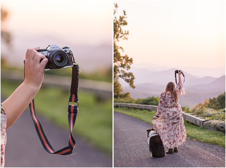 Autumn fall foliage senior portraits at a sunset mountain overlook on Blue Ridge Parkway with dog, Virginia senior graduation portrait photographer