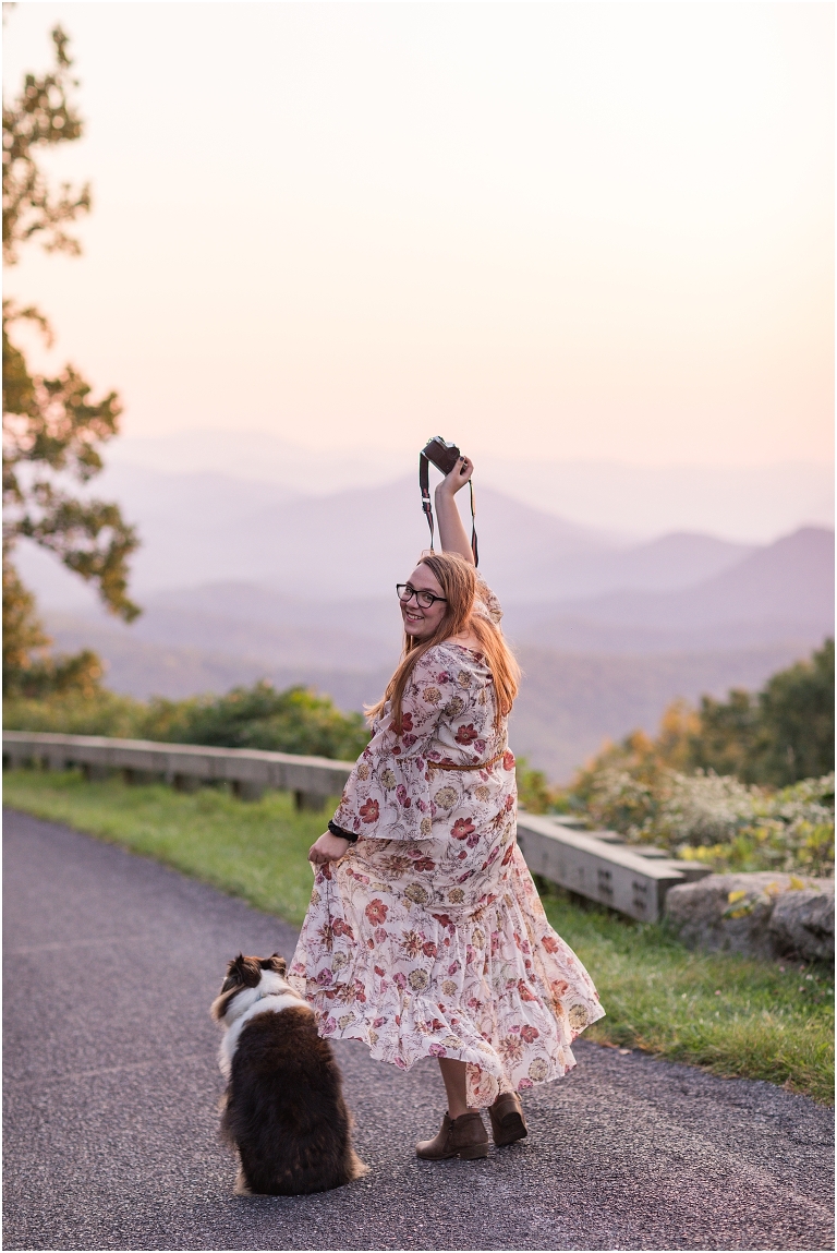 Autumn fall foliage senior portraits at a sunset mountain overlook on Blue Ridge Parkway with dog, Virginia senior graduation portrait photographer