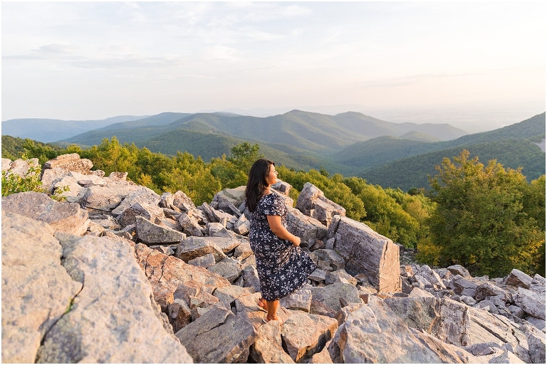 Summer senior portraits at a sunset mountain hike Blackrock Summit on Skyline Drive in Shenandoah National Park, Virginia senior graduation portrait photographer