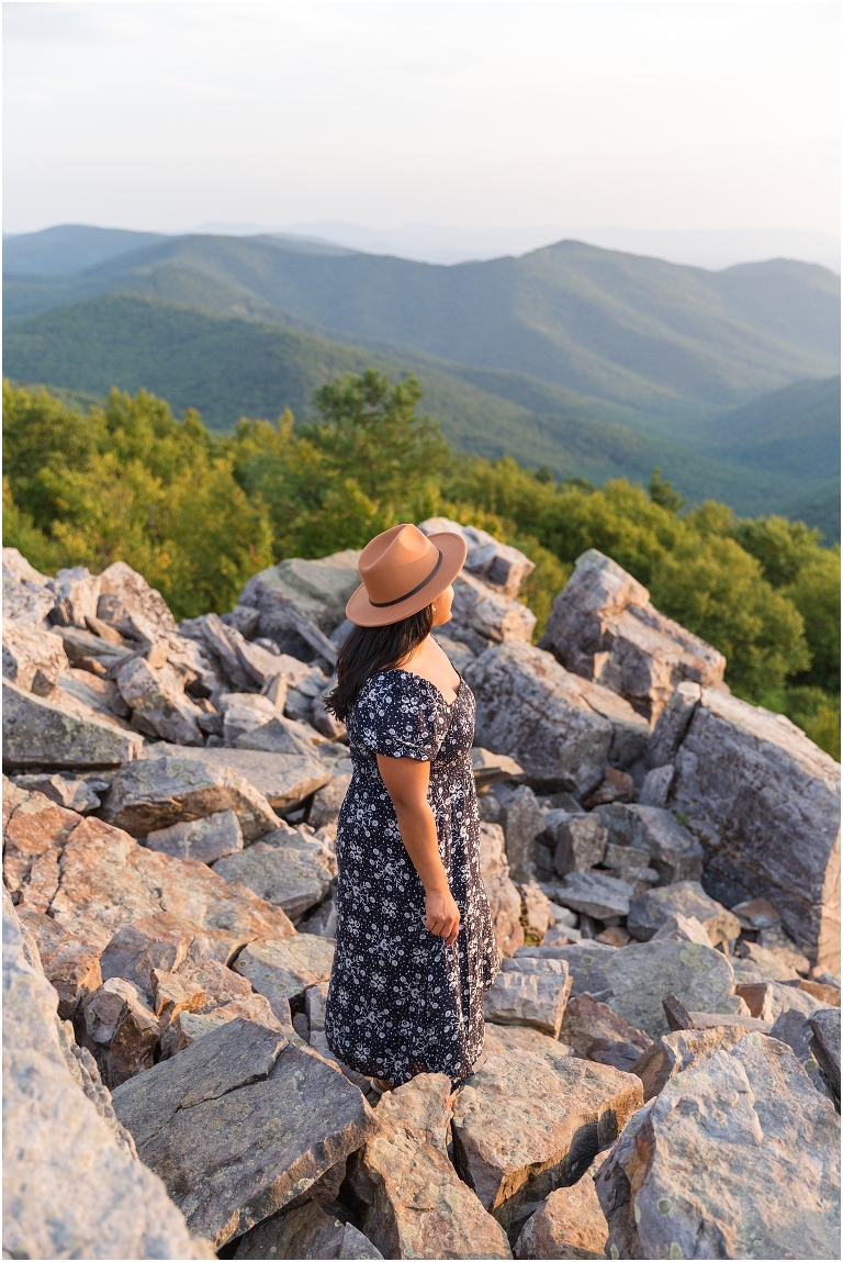Summer senior dress and hat portraits at a sunset mountain hike Blackrock Summit on Skyline Drive in Shenandoah National Park, Virginia senior graduation portrait photographer