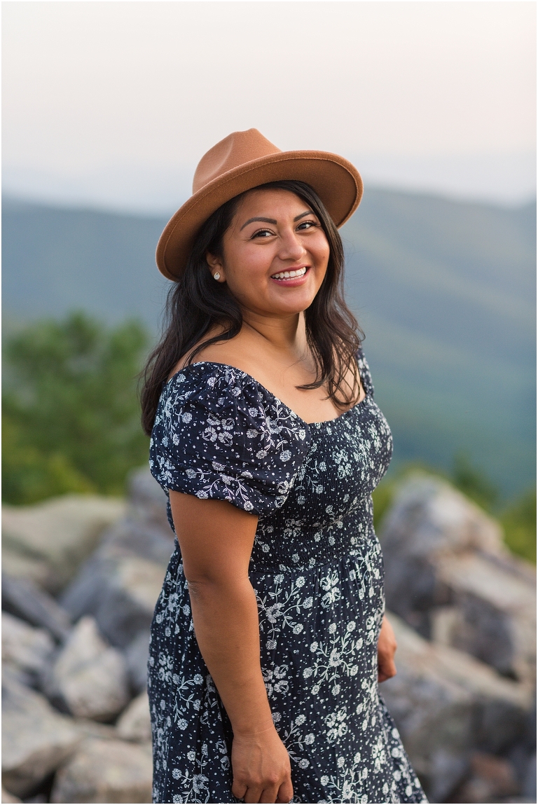 Summer senior dress and hat portraits at a sunset mountain hike Blackrock Summit on Skyline Drive in Shenandoah National Park, Virginia senior graduation portrait photographer