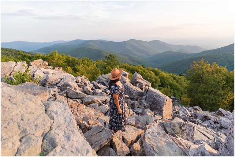 Summer senior dress and hat portraits at a sunset mountain hike Blackrock Summit on Skyline Drive in Shenandoah National Park, Virginia senior graduation portrait photographer