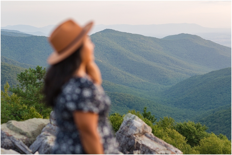 Summer senior dress and hat portraits at a sunset mountain hike Blackrock Summit on Skyline Drive in Shenandoah National Park, Virginia senior graduation portrait photographer