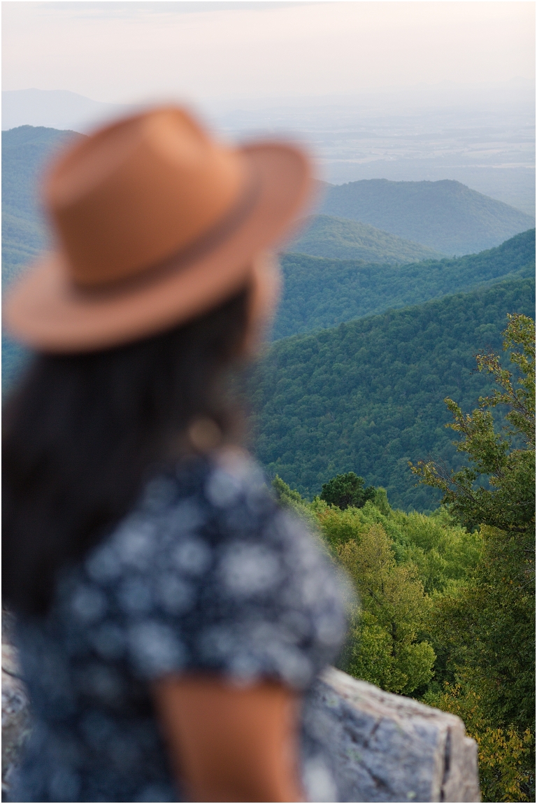 Summer senior dress and hat portraits at a sunset mountain hike Blackrock Summit on Skyline Drive in Shenandoah National Park, Virginia senior graduation portrait photographer