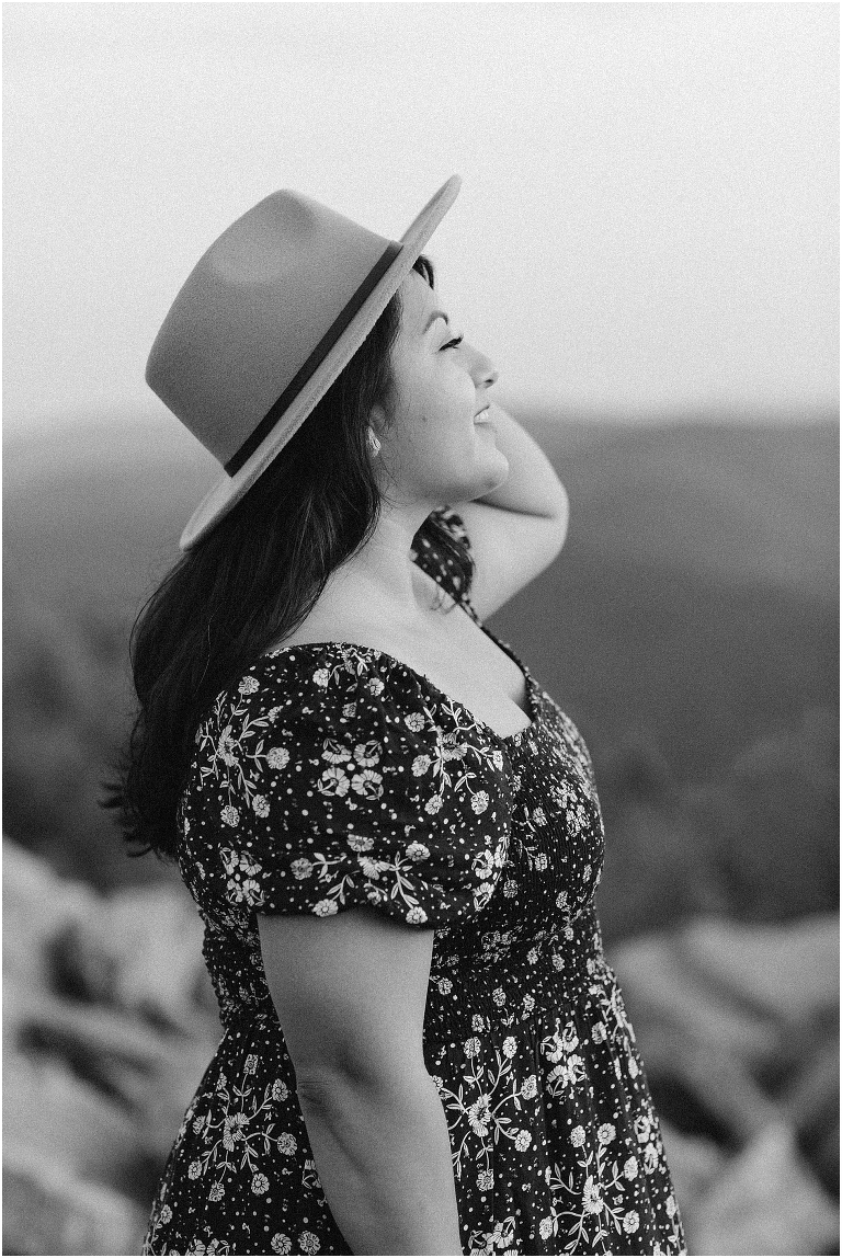 Black and white summer senior dress and hat portraits at a sunset mountain hike Blackrock Summit on Skyline Drive in Shenandoah National Park, Virginia senior graduation portrait photographer