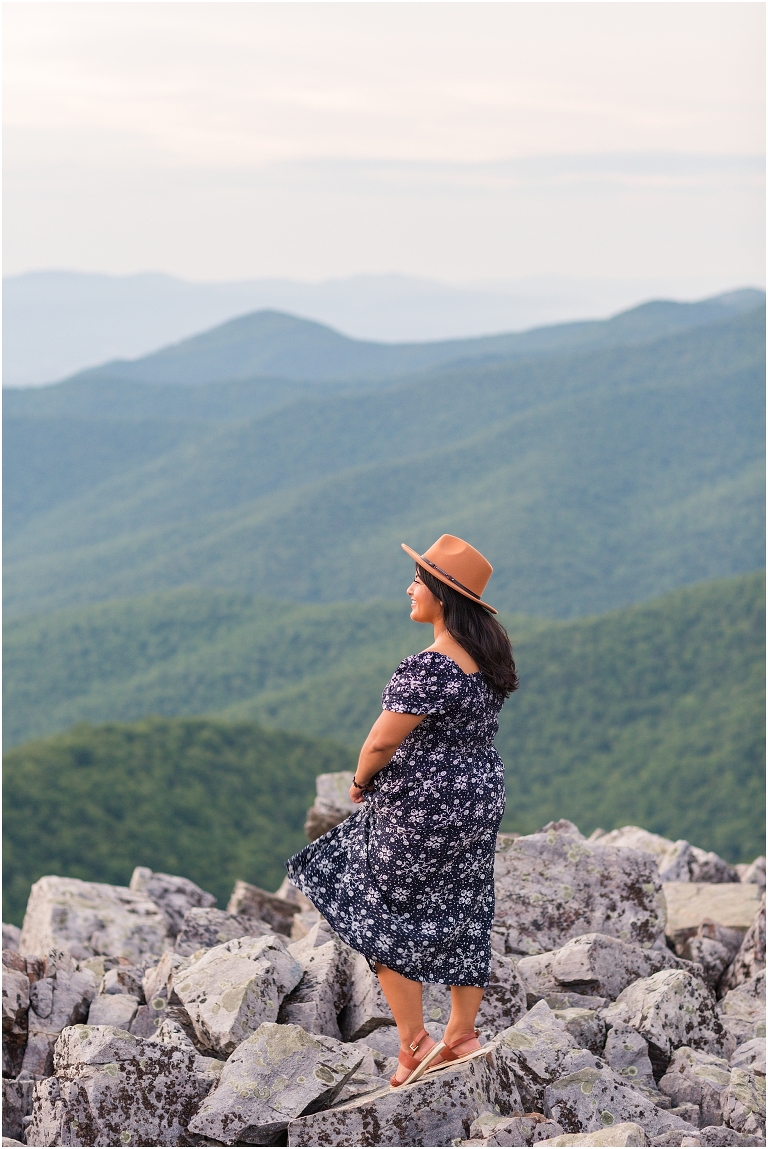 Summer senior dress and hat portraits at a sunset mountain hike Blackrock Summit on Skyline Drive in Shenandoah National Park, Virginia senior graduation portrait photographer