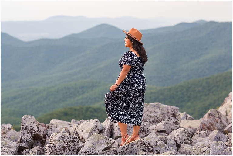 Summer senior dress and hat portraits at a sunset mountain hike Blackrock Summit on Skyline Drive in Shenandoah National Park, Virginia senior graduation portrait photographer