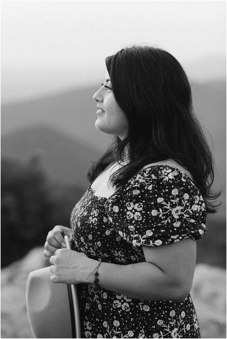 Black and white summer senior dress and hat portraits at a sunset mountain hike Blackrock Summit on Skyline Drive in Shenandoah National Park, Virginia senior graduation portrait photographer