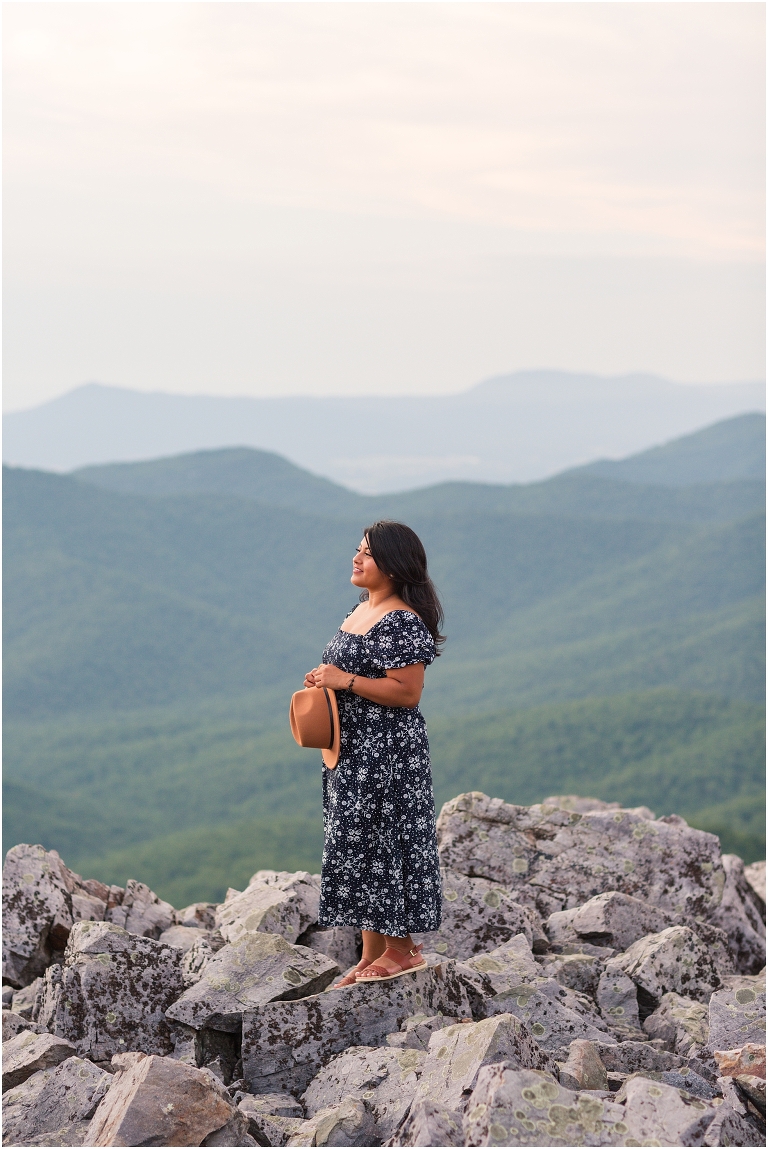 Summer senior dress and hat portraits at a sunset mountain hike Blackrock Summit on Skyline Drive in Shenandoah National Park, Virginia senior graduation portrait photographer