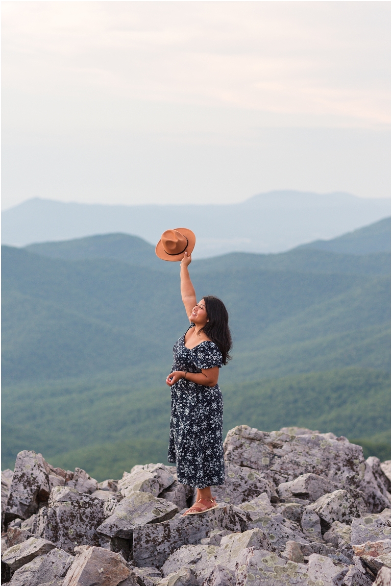 Summer senior dress and hat portraits at a sunset mountain hike Blackrock Summit on Skyline Drive in Shenandoah National Park, Virginia senior graduation portrait photographer