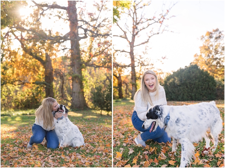 Autumn fall foliage senior with dog portraits in an open field with a sunset mountain backdrop, Virginia senior graduation portrait photographer