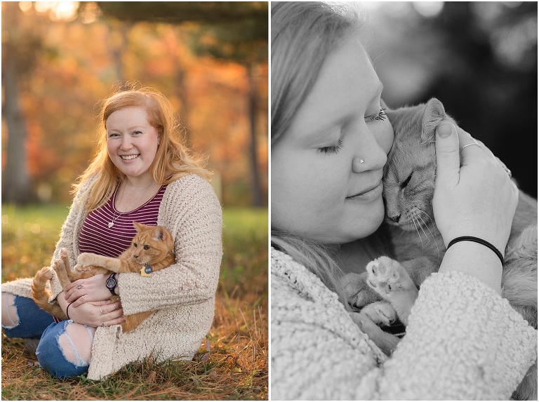 Autumn fall foliage senior with cat portraits in an open field with a sunset mountain backdrop and a Tudor manor, Virginia senior graduation portrait photographer