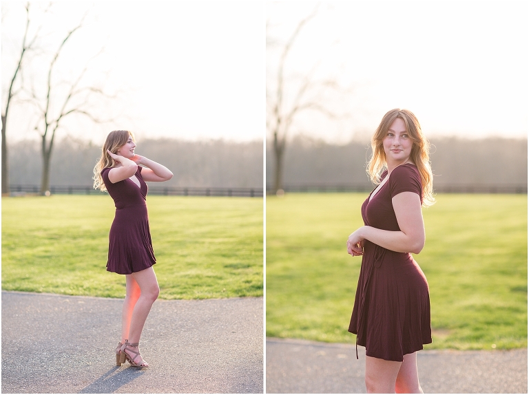 Senior portraits in a purple dress in an open field at a barn at sunset, Virginia senior graduation portrait photographer