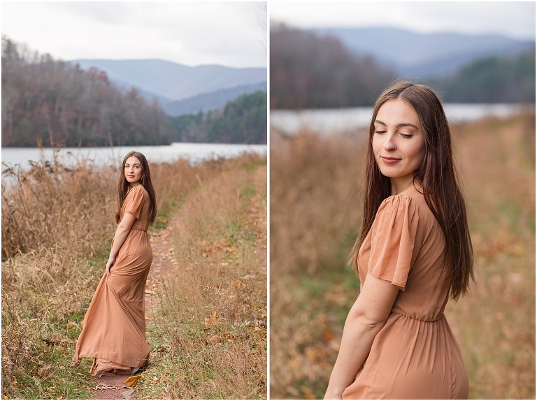 Senior portraits in a beige dress next to Switzer Lake with a mountain background at sunset, Virginia senior graduation portrait photographer