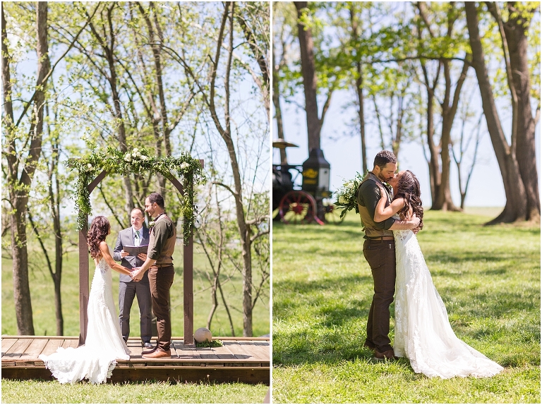 Hannah & Brad's family farm spring wedding ceremony with their antique tractor followed by a Virginia barn wedding reception.