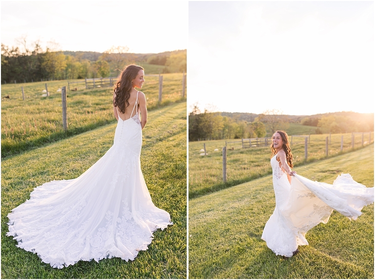 Hannah & Brad's family farm spring wedding ceremony with their antique tractor followed by a Virginia barn wedding reception and sunset portraits.